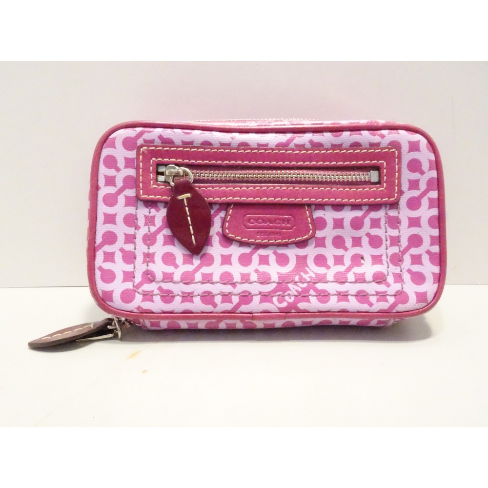 Coach Pink Signature Op Art Jewelry Case Cosmetic Pouch Wallet Coated Canvas